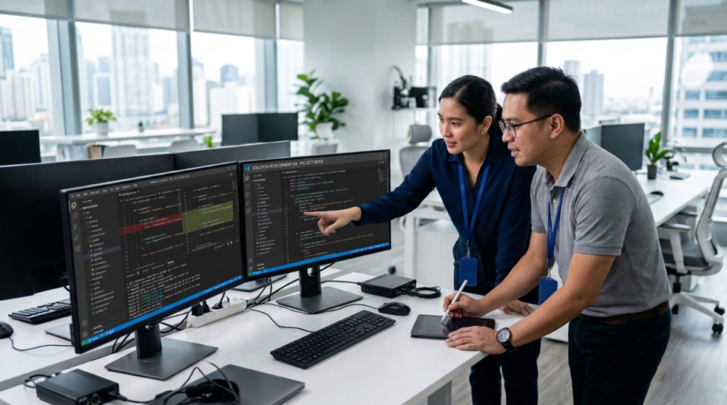 solution engineer and developer discussing programming language