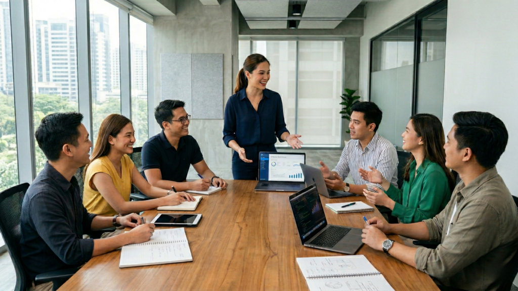 a team of professionals collaborating around a table, with  laptops illustrating AI-augmented roles in a modern office