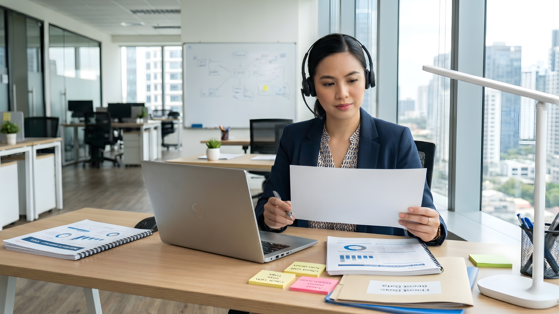 remote asset management coordinator working in a bright office holding a paper with laptop on the table