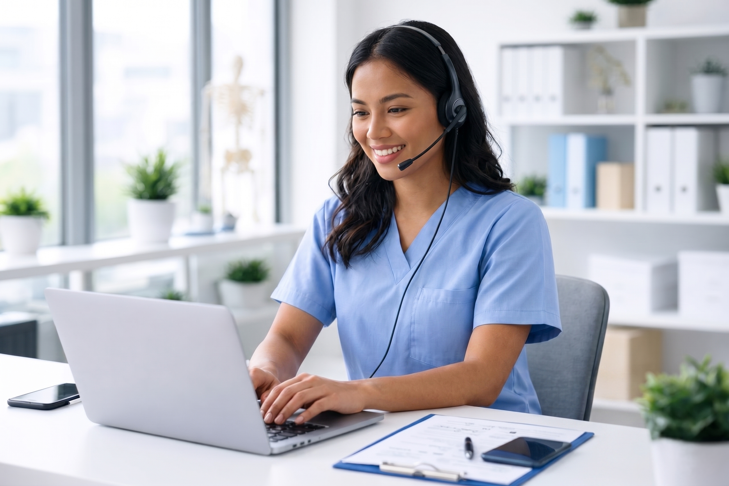 Outsourced Female Medical Scheduling Coordinator Employee working