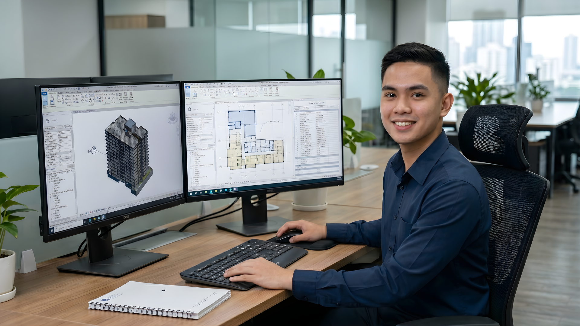 offshore bim coordinator sitting in a office showcasing the dual monitor with bim software