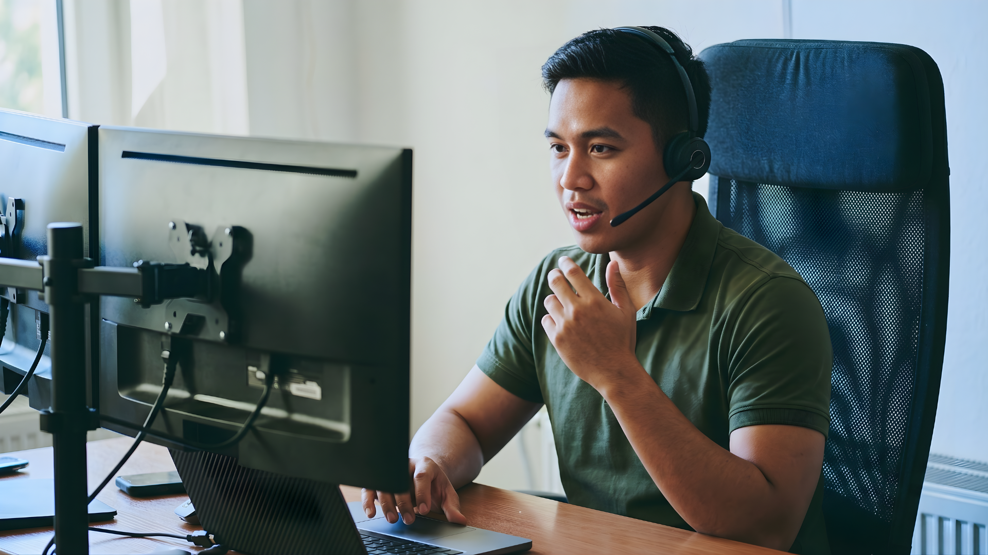 filipino solutions specialist attending a client call