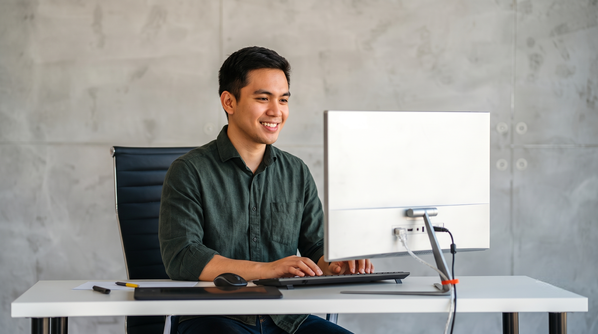 Filipino remote demand planner using a computer screen in a bright office environment