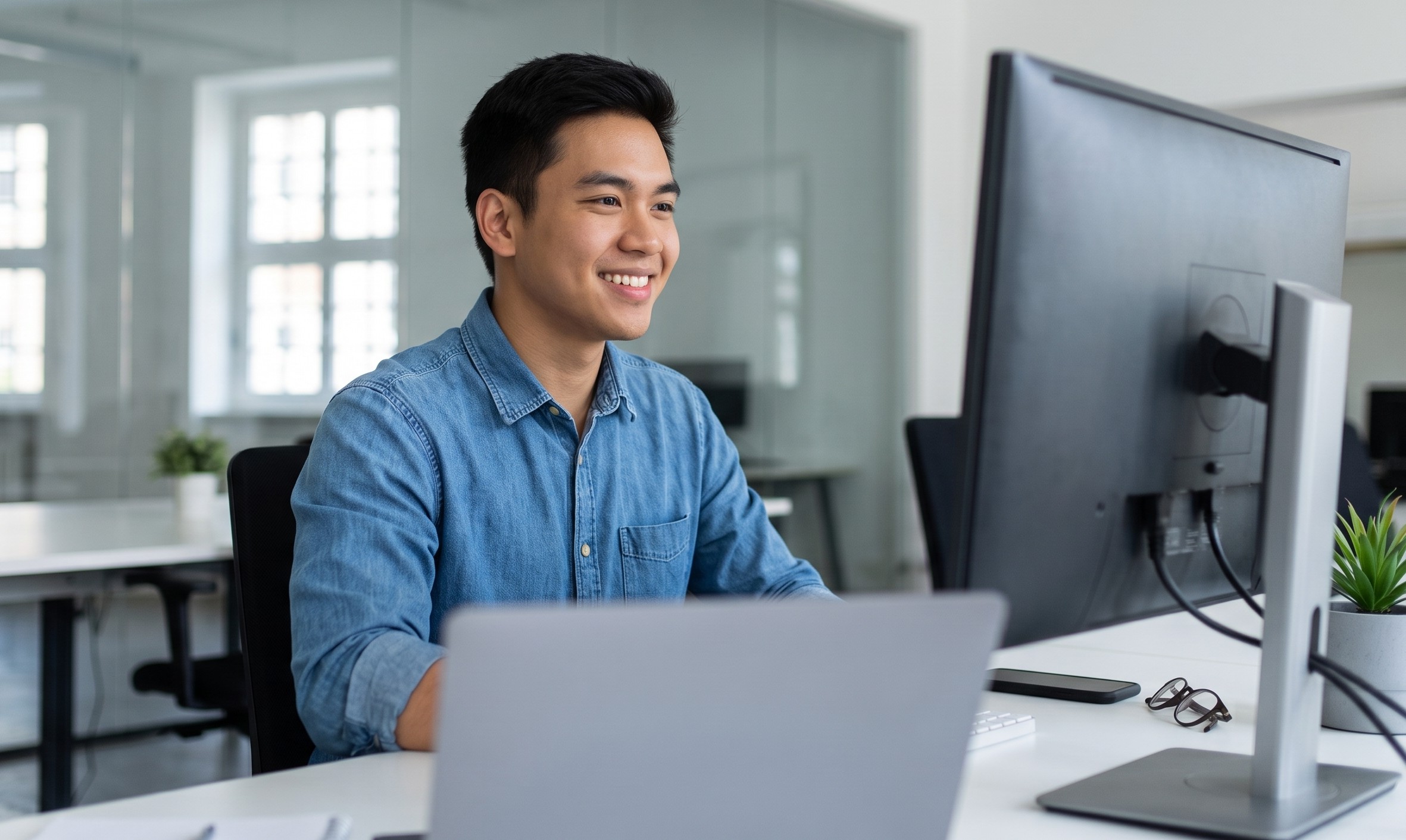 enterprise architect remote​ from the philippines working with a laptop and external monitor in an office