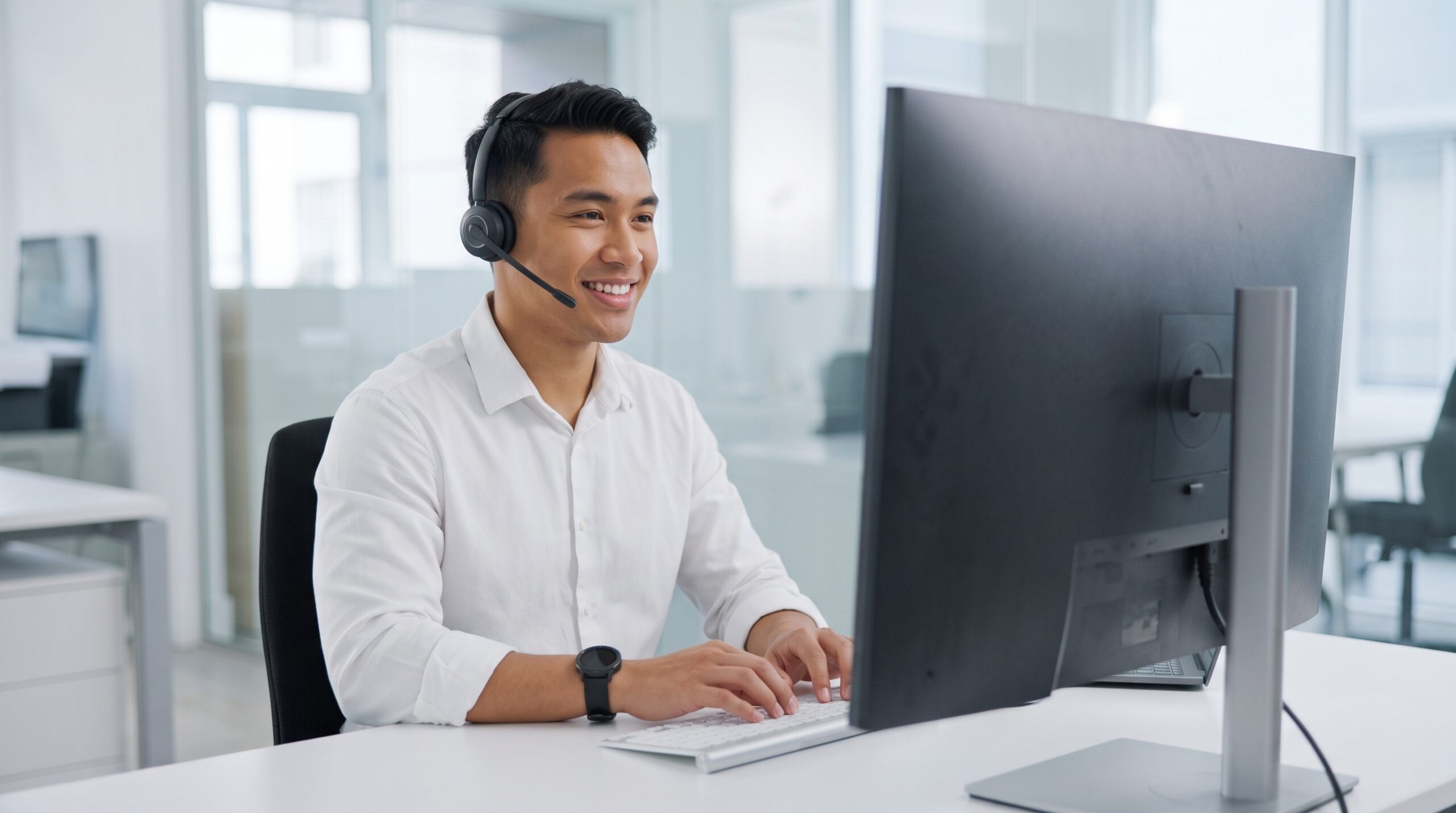Filipino remote forward deployed engineer wearing a headset and working at a desk monitor