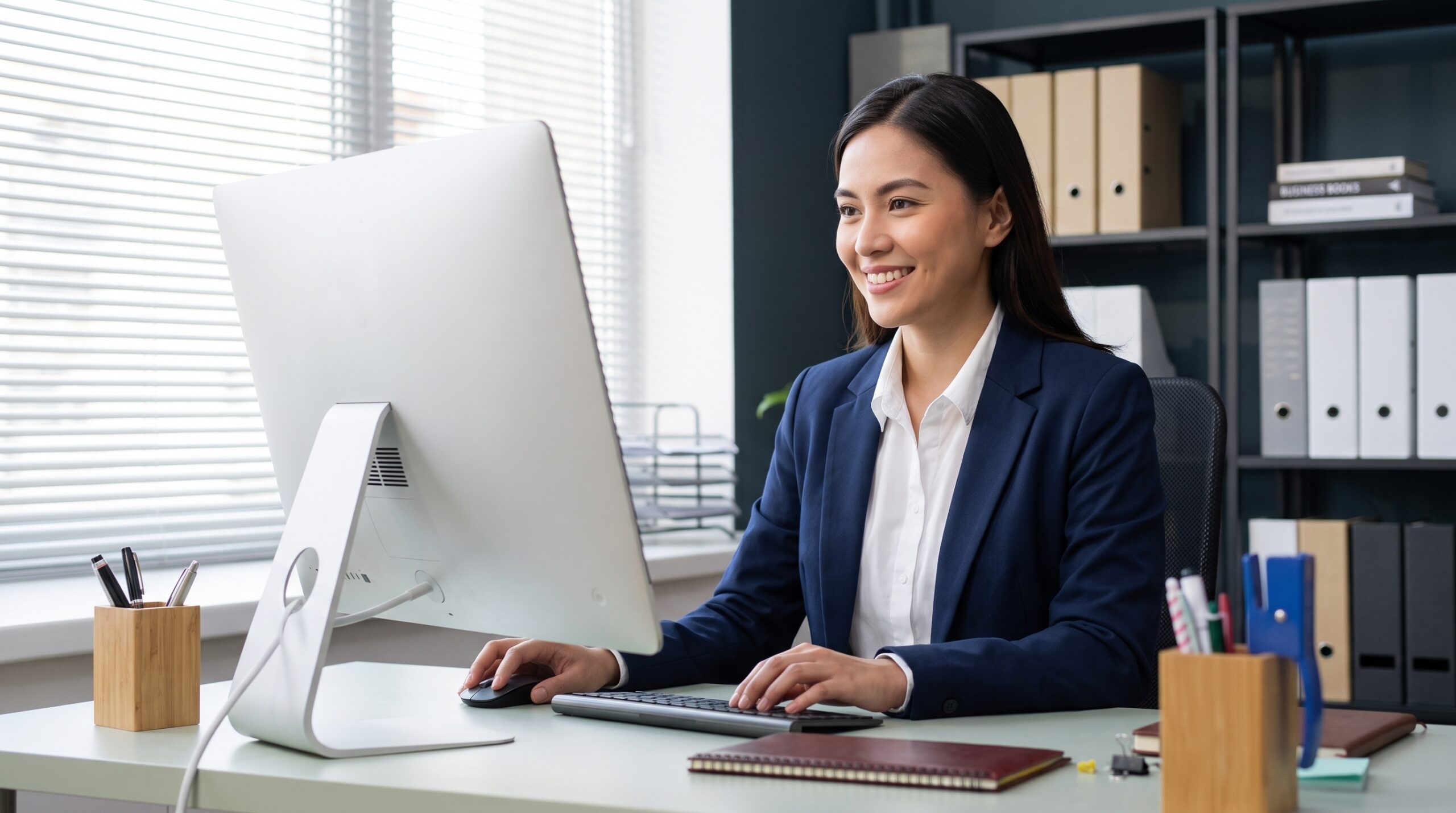 female remote legal operations specialist working on desktop computer
