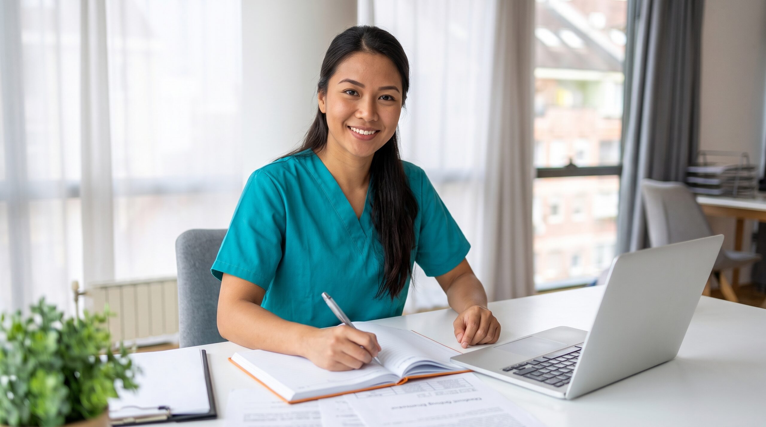 Filipina remote utilization management nurse writing notes while reviewing patient charts on her laptop at an office desk