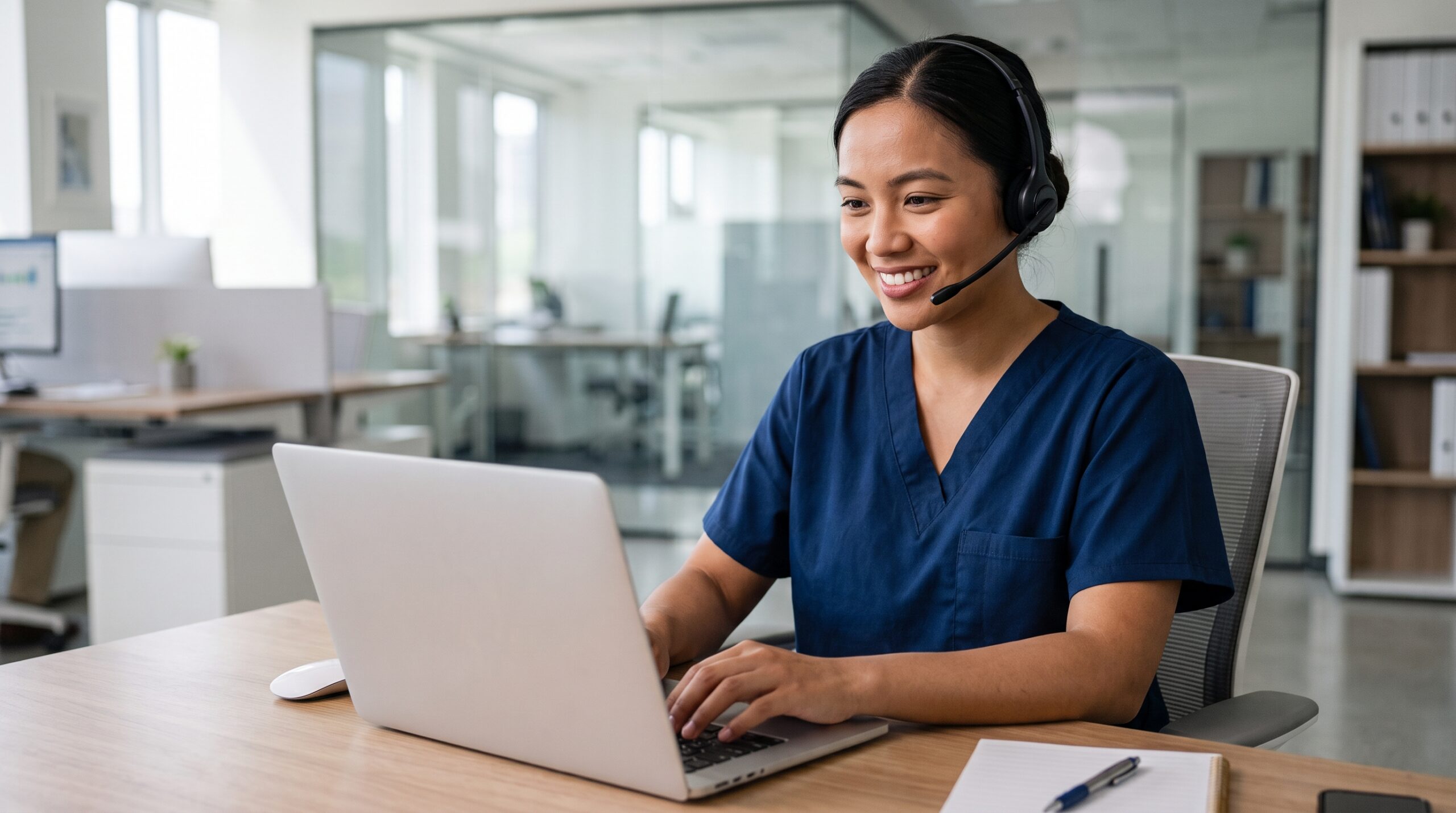 filipina outsourced prior authorization nurse working analyzing medical data with a laptop