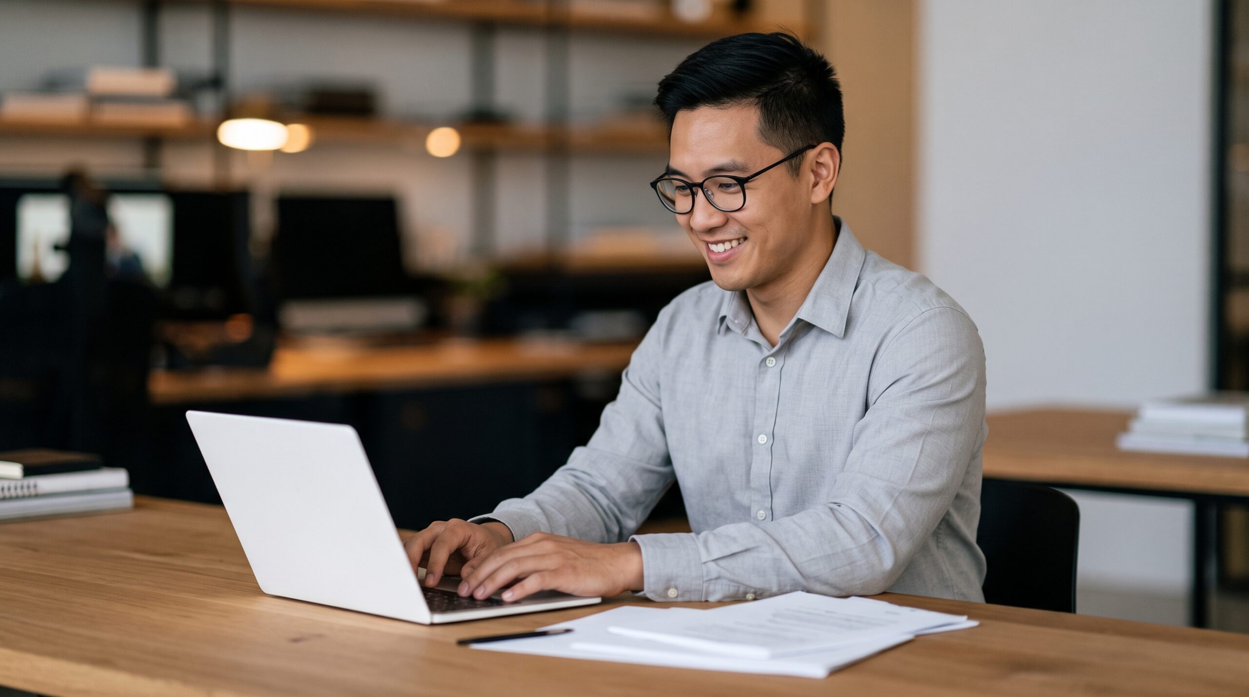 filipino remote project coordinator working in a corporate office with a laptop