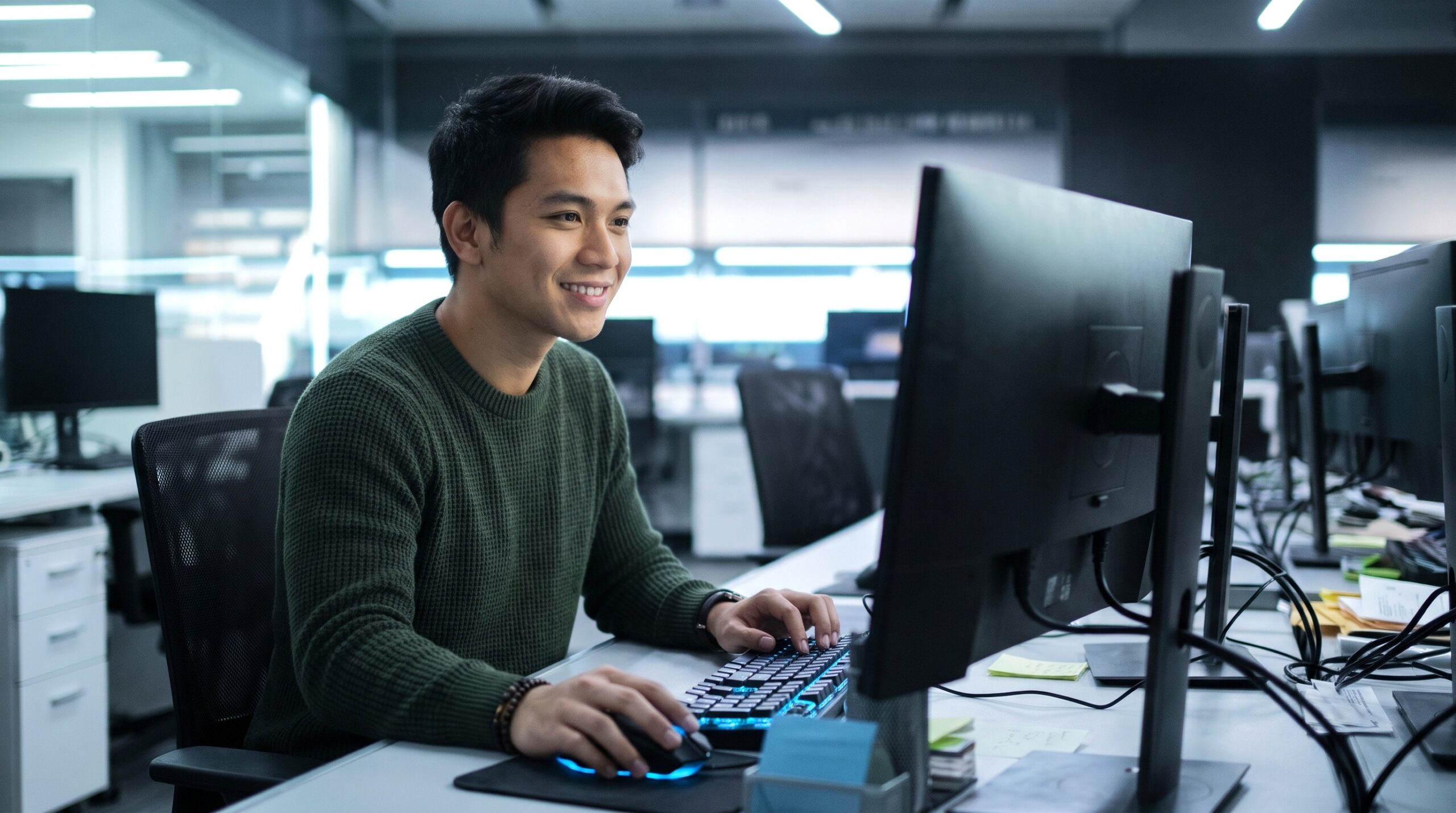 Filipino remote information security manager smiling while working at his computer desk