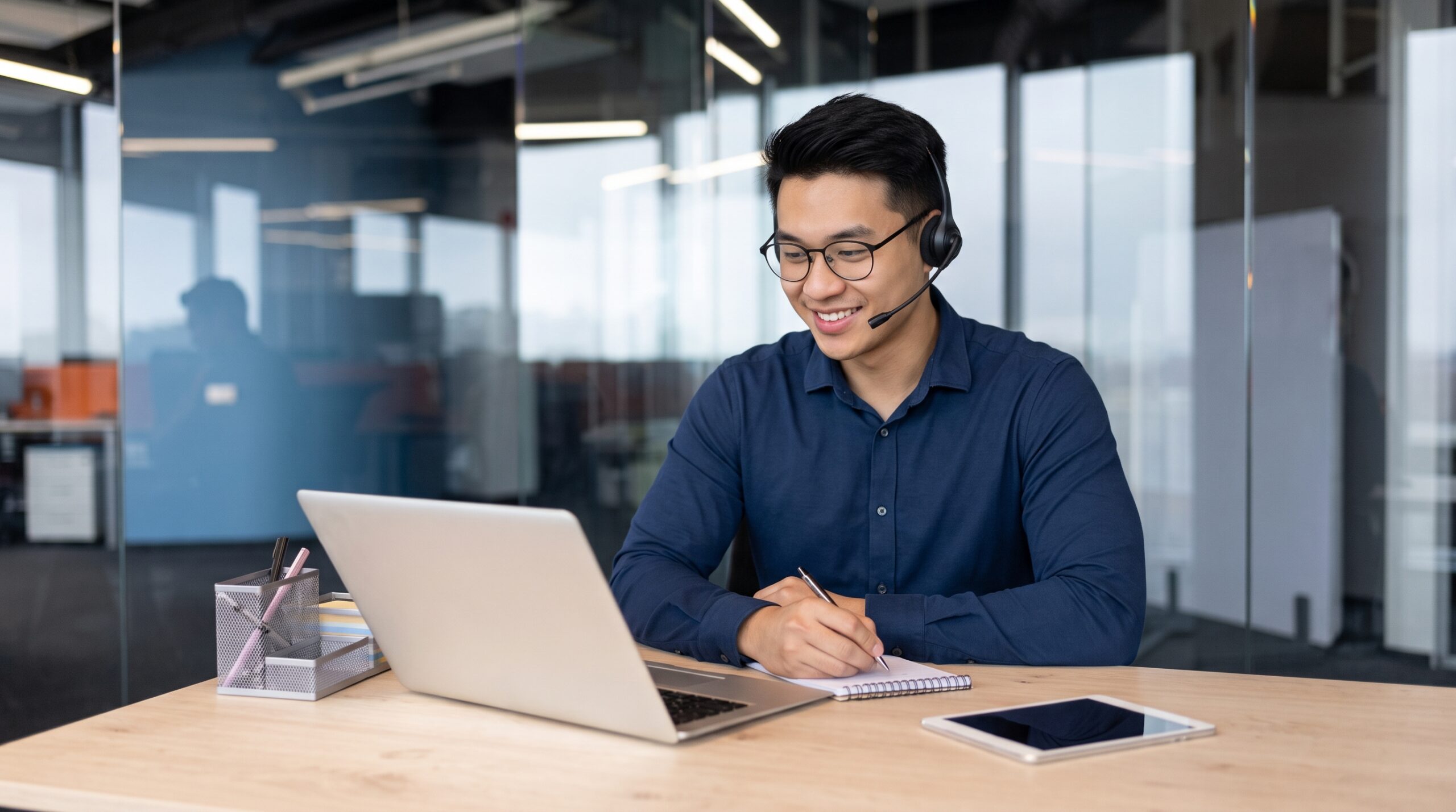 filipino remote solutions specialist writing down analysis during client call