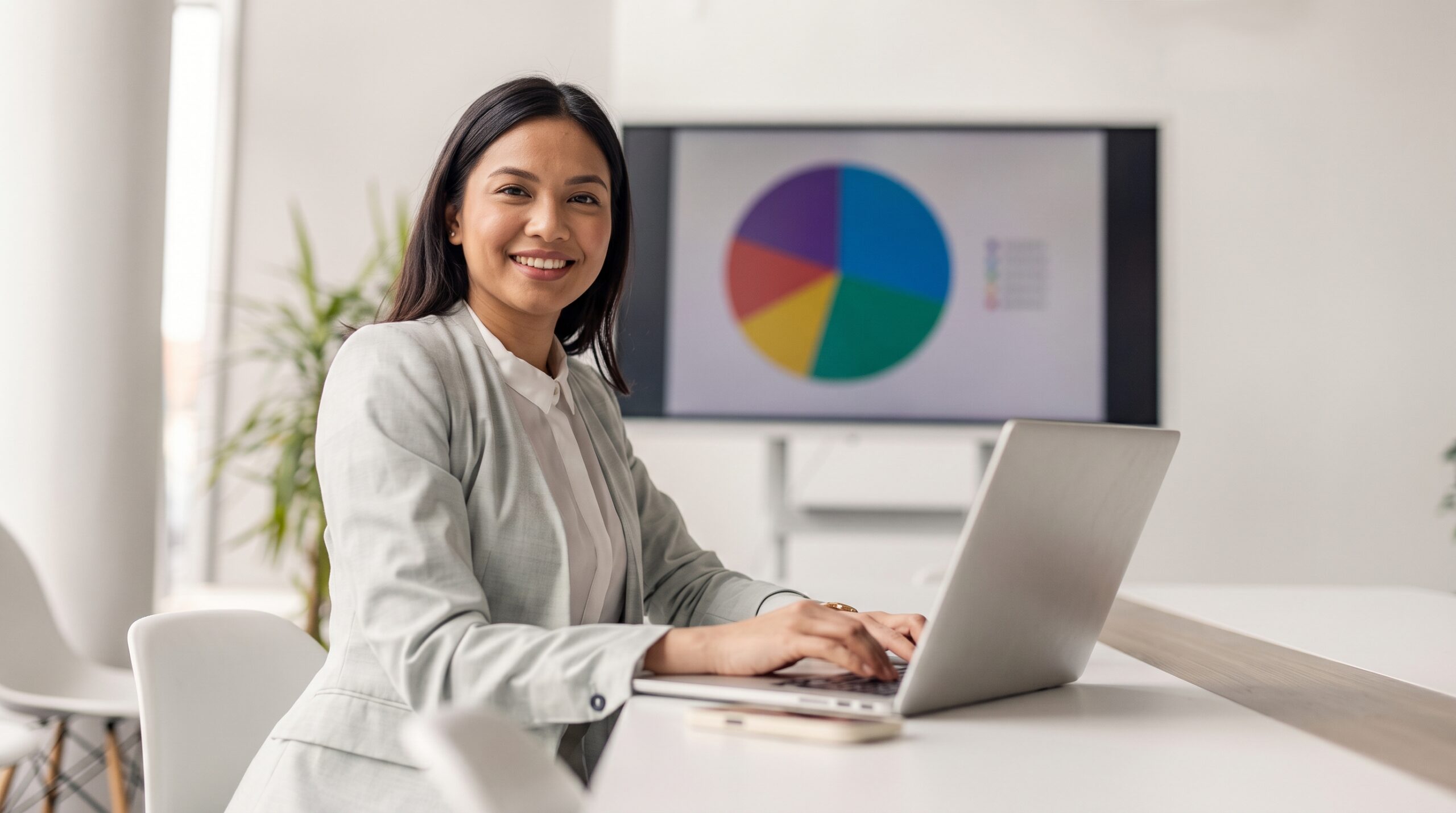 outsourced performance marketing specialist working with a laptop and tv monitor on the background